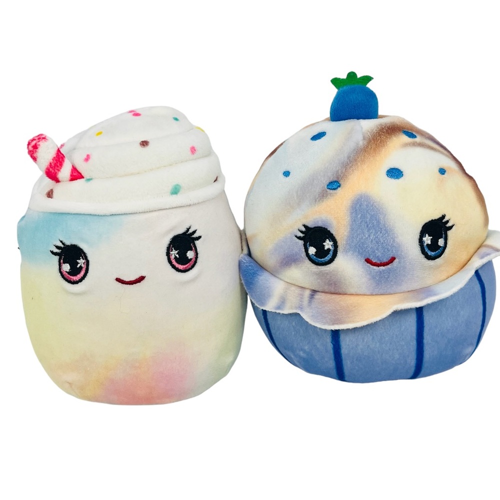 Squishmallow Treats Lot 2 Blueberry Cupcake And Rainbow Sprinkle Shake Plush 5”